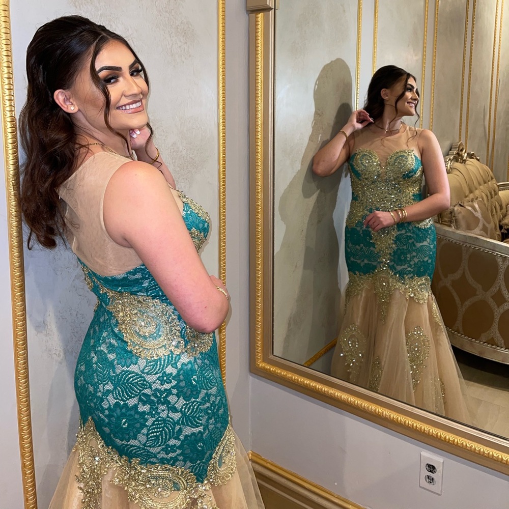 Womens dress fits size M-L green and gold. Hand -custom made . Maxi dress